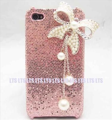 Bling Butterfly pink back Case Cover Skin for iphone 4  
