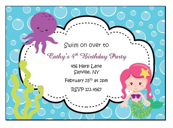 Under the Sea Mermaid Summer Pool Party Girls Birthday Invitations 