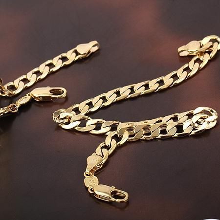   Gold Filled Mens Necklace+Bracelet Set GF Curb Chain 7mm Width  