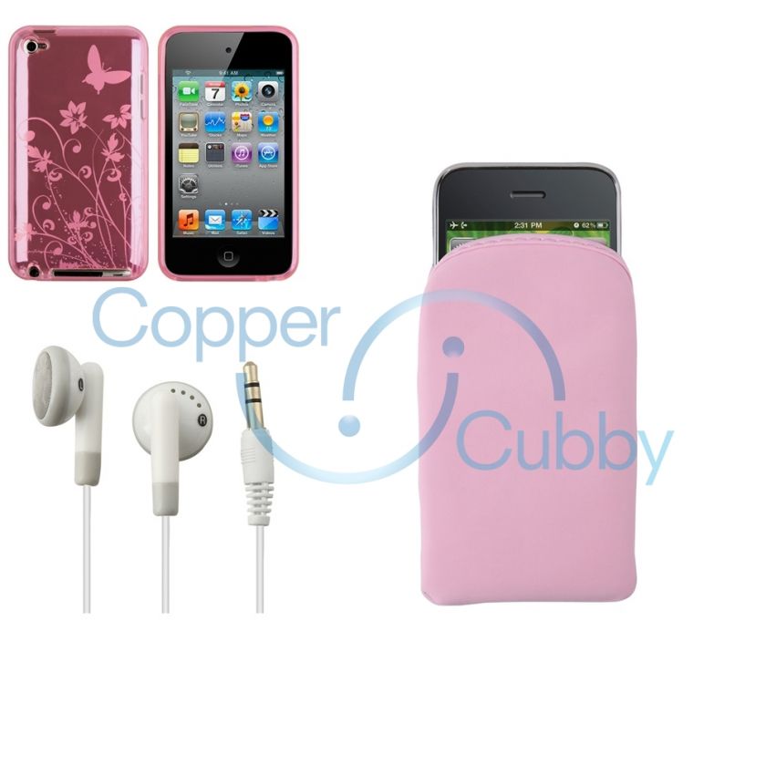 Pink Flower Soft Silicone Case Cover+Sleeve+Headset for iPod Touch 4th 