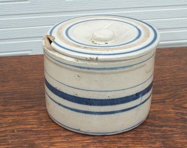 Antique Stoneware Crock with Many Cobalt Blue Banded Rings   Small 